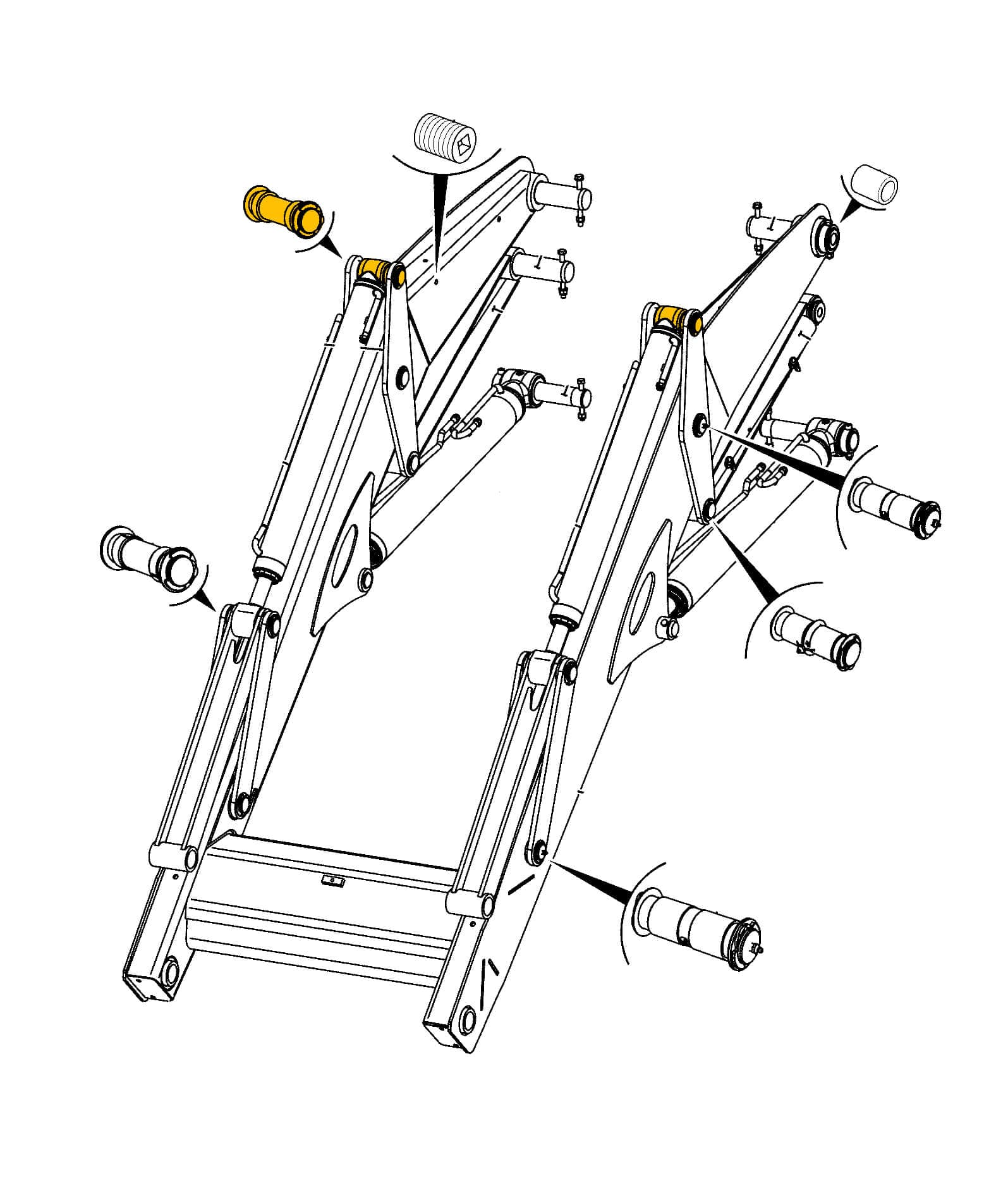 Крепление гидроцилиндра рабочего хода к промежуточному рычагу