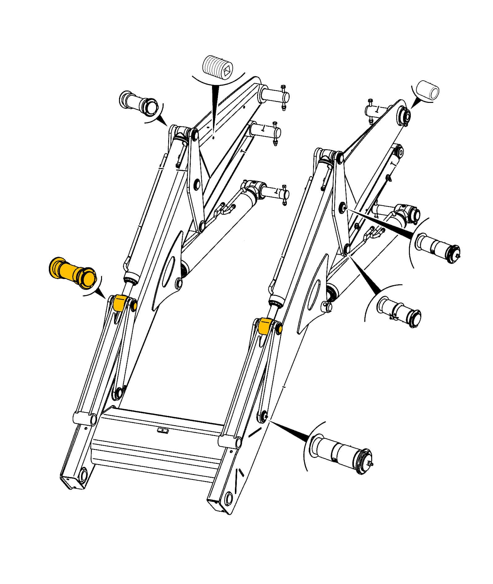 Крепление штока гидроцилиндра рабочего хода к шарниру погрузчика